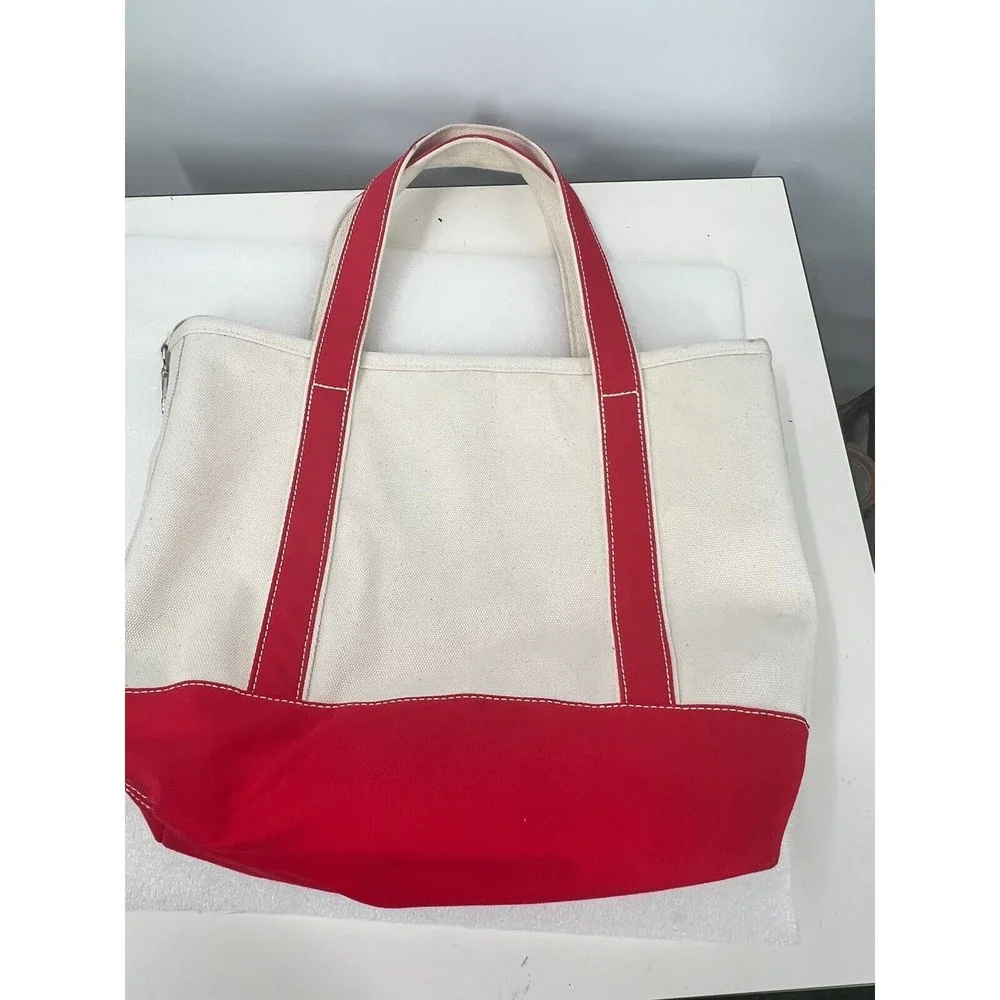 Lands End Open Top Med Natural Canvas Tote Red Trim EUC